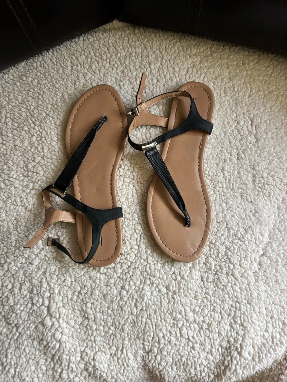 Call It Spring Black and Tan T-Strap Sandals